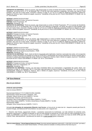Ano II - Número 125                                     Curitiba, quinta-feira, 8 de julho de 2010                                                Página 52

DISPOSITIVO DA SENTENÇA: "Diante do exposto, julgo desaprovadas as contas do Partido Democrático Trabalhista - PDT, do município de
Clevelândia, nos termos do art. 27, IV, da Resolução TSE n 21.841/04, bem como determino a suspensão, com perda, das cotas do Fundo
Partidário, pelo prazo de 6 (seis) meses, consoante o disposto no artigo 37, § 3º da Lei nº 9.096/ 95. Diligências necessárias. Publique-se.
Registre-se. Intime-se. Após o trânsito em julgado, arquive-se." Clevelândia, 06 de julho de 2010. PAULO GUILHERME R. R. MAZIN. Juiz da
47 ª Zona Eleitoral.

AUTOS Nº: 0000034-29.2010.616.0047
ASSUNTO: Prestação de Contas de Exercício Financeiro
PARTIDO: Partido Progressista - PP
MUNICÍPIO: Clevelândia – PR
DISPOSITIVO DA SENTENÇA: "Diante do exposto, julgo desaprovadas as contas do Partido Progressista - PP, do município de Clevelândia,
nos termos do art. 27, IV, da Resolução TSE n 21.841/04, bem como determino a suspensão, com perda, das cotas do Fundo Partidário, pelo
prazo de 6 (seis) meses, consoante o disposto no artigo 37, § 3º da Lei nº 9.096/ 95. Diligências necessárias. Publique-se. Registre-se. Intime-
se. Após o trânsito em julgado, arquive-se." Clevelândia, 06 de julho de 2010. PAULO GUILHERME R. R. MAZIN. Juiz da 47 ª Zona Eleitoral.

AUTOS Nº: 0000075-93.2010.616.0047
ASSUNTO: Prestação de Contas de Exercício Financeiro
PARTIDO: Partido Popular Socialista – PPS
MUNICÍPIO: Clevelândia – PR
DISPOSITIVO DA SENTENÇA: "Diante do exposto, julgo desaprovadas as contas do Partido Popular Socialista – PPS, do município de
Clevelândia, nos termos do art. 27, IV, da Resolução TSE n 21.841/04, bem como determino a suspensão, com perda, das cotas do Fundo
Partidário, pelo prazo de 6 (seis) meses, consoante o disposto no artigo 37, § 3º da Lei nº 9.096/ 95. Diligências necessárias. Publique-se.
Registre-se. Intime-se. Após o trânsito em julgado, arquive-se." Clevelândia, 06 de julho de 2010. PAULO GUILHERME R. R. MAZIN. Juiz da
47 ª Zona Eleitoral

AUTOS Nº: 0000033-44.2010.616.0047
ASSUNTO: Prestação de Contas de Exercício Financeiro
PARTIDO: Partido da Social Democracia Brasileira - PSDB
MUNICÍPIO: Clevelândia – PR
DISPOSITIVO DA SENTENÇA: "Assim, diante da falta de impugnação pelos legitimados, imperiosa a aprovação das contas, com as seguintes
ressalvas: entrega intempestiva da prestação de contas em 04.05.2010 e apresentação dos recursos estimáveis em dinheiro somente após a
intimação do parecer pela desaprovação das contas. Publique-se. Registre-se. Intime-se. Após o trânsito em julgado, arquive-se." Clevelândia,
06 de julho de 2010. PAULO GUILHERME R. R. MAZIN. Juiz da 47 ª Zona Eleitoral.

AUTOS Nº: 0000016-08.2010.616.0047
ASSUNTO: Prestação de Contas de Exercício Financeiro
PARTIDO: Partido dos Trabalhadores - PT
MUNICÍPIO: Clevelândia – PR
DISPOSITIVO DA SENTENÇA: "Concluo, que não foram constatadas falhas que comprometam a regularidade das contas. Assim, com
fundamento no artigo 24, da Resolução TSE nº 21.841/2004, julgo aprovadas as contas do Partido dos Trabalhadores - PT, do município de
Clevelândia/PR. Publique-se. Registre-se. Intime-se. Após o trânsito em julgado, arquive-se." Clevelândia, 06 de julho de 2010. PAULO
GUILHERME R. R. MAZIN. Juiz da 47 ª Zona Eleitoral.




 50ª Zona Eleitoral

Atos do juiz eleitoral


ATOS DO JUIZ ELEITORAL
Lista de remessa 006/2010

Representação Eleitoral nº 013-15.2008.616.0050 (104/2008)
Representante: Partido Democrático Trabalhista – PDT
Advogado: Gilberto Gomes de Lima (OAB/PR n.º 20.233)
Representado: Olizandro José Ferreira Gomes
Advogados: Marco Aurelio Baptista da Silva Matos (OAB/PR n.º 15.647),
Glaucio Baduy Galize (OAB/PR n.º 32.004) e Daniel Moreno Portella (OAB/PR n.º 32.296)
Representado: PMDB
Advogado: Andre Campos Barroso (OAB/PR n.º 45.511)

Intimação dos advogados do representado Olizandro José Ferreira, na forma da lei, do inteiro teor do r. despacho exarado pelo Exmo Dr.
Evandro Portugal, Juiz Eleitoral da 50ª Zona Eleitoral, nos autos acima, com o seguinte teor:

1. Olizandro José Ferreira, regularmente intimado a apresentar comprovante de recolhimento da multa arbitrada nos presentes autos,
apresentou requerimento (f. 265/269) de alteração do valor da multa arbitrada na sentença de f.231/240, tendo em vista a publicação da Lei n.º
12.034, de 29/09/2009 a qual alterou o § 3º do art. 36 da Lei n.º 9.504/97, reduzindo o valor mínimo da multa de 20.000 UFIRs para R$
5.000,00. Pediu, alternativamente, o parcelamento da mesma, em 6 (seis) parcelas iguais e sucessivas.




Diário da Justiça Eleitoral - Tribunal Regional Eleitoral do Paraná. Documento assinado digitalmente conforme MP n. 2.200-2/2001 de 24.8.2001, que institui a
                  Infra-estrutura de Chaves Públicas Brasileira - ICP-Brasil, podendo ser acessado no endereço eletrônico http://www.tse.gov.br
 