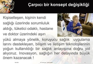 Çarpıcı bir konsept değişikliği

Kişiselleşen, kişinin kendi
sağlığı üzerinde sorumluluk
aldığı, tüketici odaklı, hastane
ve doktor üzerindeki aşırı
yükü almaya yönelik, koruyucu sağlık uygulama
larını destekleyen, bilişim ve iletişim teknolojilerinin
yoğun kullanıldığı bir sağlık anlayışına doğru yol
alıyoruz. Inovasyon, sağlığın her detayında büyük
önem kazanacak !
       19.01.2013         Dr. Cenk Tezcan Fütürizm Okulu   6
 