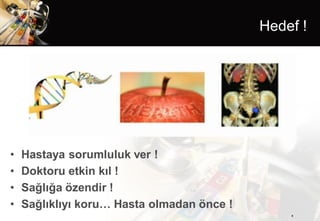 Hedef !




•   Hastaya sorumluluk ver !
•   Doktoru etkin kıl !
•   Sağlığa özendir !
•   Sağlıklıyı koru… Hasta olmadan önce !
                                                8
 