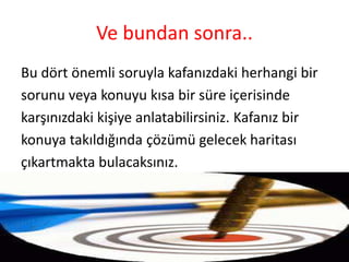 Ve bundan sonra..
Bu dört önemli soruyla kafanızdaki herhangi bir
sorunu veya konuyu kısa bir süre içerisinde
karşınızdaki kişiye anlatabilirsiniz. Kafanız bir
konuya takıldığında çözümü gelecek haritası
çıkartmakta bulacaksınız.

 