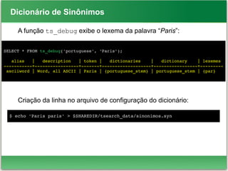 Dicionário de Sinônimos
A função ts_debug exibe o lexema da palavra “Paris”:
Criação da linha no arquivo de configuração do dicionário:
SELECT * FROM ts_debug('portuguese', 'Paris');
   alias   |   description   | token |   dictionaries    |   dictionary    | lexemes 
­­­­­­­­­­­+­­­­­­­­­­­­­­­­­+­­­­­­­+­­­­­­­­­­­­­­­­­­­+­­­­­­­­­­­­­­­­­+­­­­­­­­­
 asciiword | Word, all ASCII | Paris | {portuguese_stem} | portuguese_stem | {par}
$ echo 'Paris paris' > $SHAREDIR/tsearch_data/sinonimos.syn
 