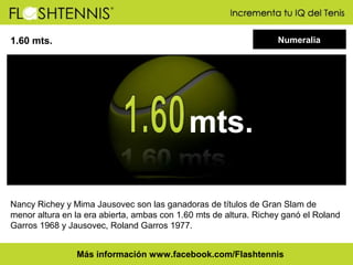 1.60 mts.

Numeralia

Nancy Richey y Mima Jausovec son las ganadoras de títulos de Gran Slam de
menor altura en la era abierta, ambas con 1.60 mts de altura. Richey ganó el Roland
Garros 1968 y Jausovec, Roland Garros 1977.
Más información www.facebook.com/Flashtennis

 