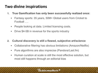 Two divine inspirations
 1.       True Gamification has only been successfully realized once:
          Fantasy sports: 35 years, 50M+ Global users from Cricket to
           Football ….
          People looking at data. Limited licensing costs.
          Drive $4-5B in revenue for the sports industry


 2.       Cultural discovery is still a flawed, subjective art/science
          Collaborative filtering has obvious limitations (Amazon/Netflix)
          Pure algorithms are also imprecise (Pandora/Last.fm)
          Human curation at scale is still the most effective solution, but
           most still happens through an editorial bias



                                                                               9
 