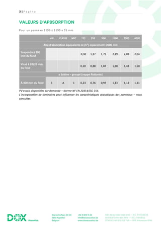 3 | P a g i n a
Pour un panneau 1199 x 1199 x 55 mm
ɑW CLASSE NRC 125 250 500 1000 2000 4000
Aire d’absorption équivalente A (m²) espacement: 2000 mm
Suspendu à 300
mm du fond
0,30 1,37 1,76 2,19 2,03 2,04
Vissé à 10/20 mm
du fond
0,20 0,88 1,87 1,78 1,43 1,50
ɑ Sabine – groupé (nappe flottante)
À 300 mm du fond 1 A 1 0,23 0,76 0,97 1,13 1,12 1,11
PV essais disponibles sur demande – Norme NF EN 20354/ISO 354.
L’incorporation de luminaires peut influencer les caractéristiques acoustiques des panneaux – nous
consulter.
 