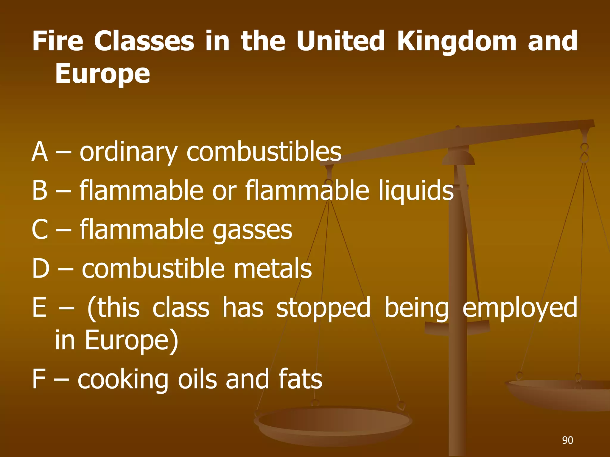 Fire Classes in the United Kingdom and
Europe
A – ordinary combustibles
B – flammable or flammable liquids
C – flammable gasses
D – combustible metals
E – (this class has stopped being employed
in Europe)
F – cooking oils and fats
90
 