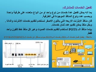 ‫للمشترك‬ ‫الخدمات‬ ‫تفعيل‬
:
‫تفعيل‬ ‫يمكن‬ ‫انه‬ ‫بما‬
‫واحدة‬ ‫طرفية‬ ‫على‬ ‫متعدده‬ ‫انواع‬ ‫من‬ ‫او‬ ‫واحد‬ ‫نوع‬ ‫من‬ ‫خدمات‬ ‫عدة‬
‫الطرفية‬ ‫في‬ ‫الموجودة‬ ‫المنافذ‬ ‫ونوع‬ ‫عدد‬ ‫وبحسب‬
.
‫فان‬
‫االنت‬ ‫خدمات‬ ‫لتقديم‬ ‫تستخدم‬ ‫االصفر‬ ‫باللون‬ ‫التي‬ ‫االربعه‬ ‫االيثرنت‬ ‫منافذ‬
‫والداتا‬ ‫رنت‬
.
‫خدمات‬ ‫ثمان‬ ‫عدد‬ ‫تقديم‬ ‫يمكن‬ ‫منفذ‬ ‫وبكل‬
.
‫الــ‬ ‫منافذ‬ ‫بينما‬
POTS
‫واح‬ ‫تلفون‬ ‫خط‬ ‫منفذ‬ ‫كل‬ ‫وعبر‬ ‫الصوت‬ ‫خدمات‬ ‫لتقديم‬ ‫تستخدم‬
‫د‬
‫فقط‬
.
‫مالحظة‬
:
‫الــ‬ ‫خدمات‬ ‫فصل‬ ‫يفضل‬
DIA
‫الــ‬ ‫وخدمات‬
DATA
‫الــ‬ ‫خدمات‬ ‫عن‬ ‫مستقل‬ ‫بمودم‬
FTTH-INTERNET
 