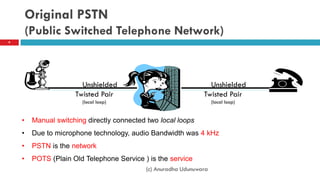 Original PSTN
(Public Switched Telephone Network)
Unshielded
Twisted Pair
(local loop)
• Manual switching directly connected two local loops
• Due to microphone technology, audio Bandwidth was 4 kHz
• PSTN is the network
• POTS (Plain Old Telephone Service ) is the service
(c) Anuradha Udunuwara
9
Unshielded
Twisted Pair
(local loop)
 