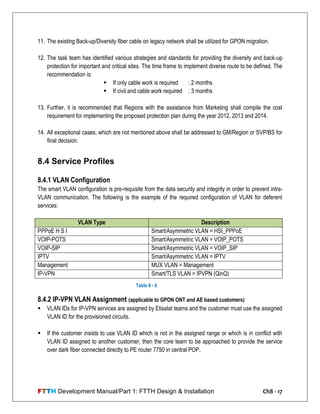 FTTH Development Manual/Part 1: FTTH Design & Installation Ch8 - 17
11. The existing Back-up/Diversity fiber cable on legacy network shall be utilized for GPON migration.
12. The task team has identified various strategies and standards for providing the diversity and back-up
protection for important and critical sites. The time frame to implement diverse route to be defined. The
recommendation is:
 If only cable work is required : 2 months
 If civil and cable work required : 3 months
13. Further, it is recommended that Regions with the assistance from Marketing shall compile the cost
requirement for implementing the proposed protection plan during the year 2012, 2013 and 2014.
14. All exceptional cases, which are not mentioned above shall be addressed to GM/Region or SVP/BS for
final decision.
8.4 Service Profiles
8.4.1 VLAN Configuration
The smart VLAN configuration is pre-requisite from the data security and integrity in order to prevent intra-
VLAN communication. The following is the example of the required configuration of VLAN for deferent
services:
VLAN Type Description
PPPoE H S I Smart/Asymmetric VLAN = HSI_PPPoE
VOIP-POTS Smart/Asymmetric VLAN = VOIP_POTS
VOIP-SIP Smart/Asymmetric VLAN = VOIP_SIP
IPTV Smart/Asymmetric VLAN = IPTV
Management MUX VLAN = Management
IP-VPN Smart/TLS VLAN = IPVPN (QinQ)
8.4.2 IP-VPN VLAN Assignment (applicable to GPON ONT and AE based customers)
 VLAN IDs for IP-VPN services are assigned by Etisalat teams and the customer must use the assigned
VLAN ID for the provisioned circuits.
 If the customer insists to use VLAN ID which is not in the assigned range or which is in conflict with
VLAN ID assigned to another customer, then the core team to be approached to provide the service
over dark fiber connected directly to PE router 7750 in central POP.
Table 8 - 6
 