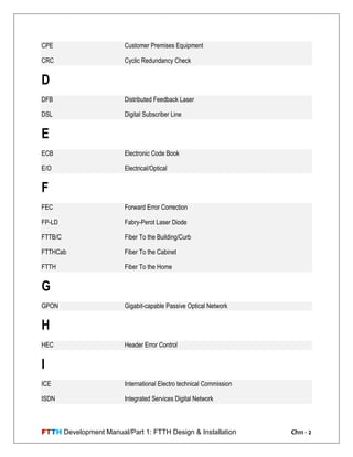 FTTH Development Manual/Part 1: FTTH Design & Installation Ch11 - 2
CPE Customer Premises Equipment
CRC Cyclic Redundancy Check
D
DFB Distributed Feedback Laser
DSL Digital Subscriber Line
E
ECB Electronic Code Book
E/O Electrical/Optical
F
FEC Forward Error Correction
FP-LD Fabry-Perot Laser Diode
FTTB/C Fiber To the Building/Curb
FTTHCab Fiber To the Cabinet
FTTH Fiber To the Home
G
GPON Gigabit-capable Passive Optical Network
H
HEC Header Error Control
I
ICE International Electro technical Commission
ISDN Integrated Services Digital Network
 