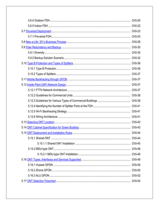 5.6.4 Outdoor FDH ................................................................................................................ Ch5-20
5.6.5 Indoor FDH................................................................................................................... Ch5-22
5.7 Pre-wired Deployment .............................................................................................................. Ch5-23
5.7.1 Pre-wired FDH.............................................................................................................. Ch5-23
5.8 New e-Life / B1‘s Business Process ......................................................................................... Ch5-28
5.9 Fiber Redundancy and Backup................................................................................................. Ch5-30
5.9.1 Diversity........................................................................................................................ Ch5-30
5.9.2 Backup Solution Scenario............................................................................................. Ch5-32
5.10 Type B Protection and Types of Splitters................................................................................ Ch5-36
5.10.1 Type B Protection....................................................................................................... Ch5-36
5.10.2 Types of Splitters........................................................................................................ Ch5-37
5.11 Mobile Backhauling through GPON........................................................................................ Ch5-37
5.12 Inside Plant (ISP) Network Design.......................................................................................... Ch5-37
5.12.1 FTTH Network Architecture ........................................................................................ Ch5-37
5.12.2 Guidelines for Commercial Units ................................................................................ Ch5-38
5.12.3 Guidelines for Various Types of Commercial Buildings .............................................. Ch5-39
5.12.4 Identifying the Number of Splitter Ports at the FDH.................................................... Ch5-41
5.12.5 Wi-Fi Backhauling Strategy ........................................................................................ Ch5-41
5.12.6 Wiring Architecture ..................................................................................................... Ch5-41
5.13 Selecting ONT Location.......................................................................................................... Ch5-42
5.14 ONT Cabinet Specification for Green Building........................................................................ Ch5-43
5.15 ONT Deployment and Installation Rules................................................................................. Ch5-44
5.15.1 Shared ONT ............................................................................................................... Ch5-44
5.15.1.1 Shared ONT Installation ............................................................................. Ch5-45
5.15.2 MDU-type ONT........................................................................................................... Ch5-48
5.15.2.1 MDU-type ONT Installation......................................................................... Ch5-48
5.16 ONT Types, Interfaces and Services Supported..................................................................... Ch5-49
5.16.1 Huawei GPON............................................................................................................ Ch5-49
5.16.2 Zhone GPON.............................................................................................................. Ch5-50
5.16.3 ALU GPON................................................................................................................. Ch5-52
5.17 ONT Selection Flowchart........................................................................................................ Ch5-54
 