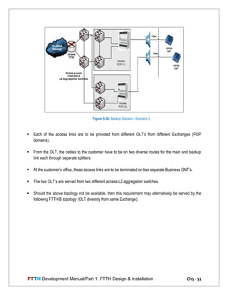 FTTH Development Manual/Part 1: FTTH Design & Installation Ch5 - 33
 Each of the access links are to be provided from different OLT‘s from different Exchanges (POP
domains).
 From the OLT, the cables to the customer have to be on two diverse routes for the main and backup
link each through separate splitters.
 At the customer‘s office, these access links are to be terminated on two separate Business ONT‘s.
 The two OLT‘s are served from two different access L2 aggregation switches.
 Should the above topology not be available, then this requirement may alternatively be served by the
following FTTH/B topology (OLT diversity from same Exchange):
Figure 5-30: Backup Solution / Scenario 2
 