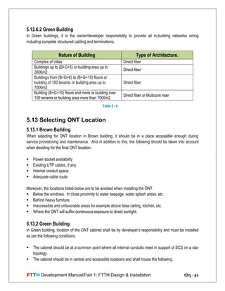FTTH Development Manual/Part 1: FTTH Design & Installation Ch5 - 42
5.12.6.2 Green Building
In Green buildings, it is the owner/developer responsibility to provide all in-building networks wiring
including complete structured cabling and terminations.
Nature of Building Type of Architecture.
Complex of Villas Direct fiber
Buildings up to (B+G+5) or building area up to
3000m2
Direct fiber
Buildings from (B+G+6) to (B+G+10) floors or
building of 100 tenants or building area up to
7000m2
Direct fiber
Building (B+G+10) floors and more or building over
100 tenants or building area more than 7000m2
Direct fiber or Multicore riser
5.13 Selecting ONT Location
5.13.1 Brown Building
When selecting for ONT location in Brown building, it should be in a place accessible enough during
service provisioning and maintenance. And in addition to this, the following should be taken into account
when deciding for the final ONT location.
 Power socket availability
 Existing UTP cables, if any
 Internal conduit space
 Adequate cable route
Moreover, the locations listed below are to be avoided when installing the ONT.
 Below the windows. In close proximity to water seepage, water splash areas, etc.
 Behind heavy furniture.
 Inaccessible and unfavorable areas for example above false ceiling, kitchen, etc.
 Where the ONT will suffer continuous exposure to direct sunlight.
5.13.2 Green Building
In Green building, location of the ONT cabinet shall be by developer‘s responsibility and must be installed
as per the following conditions.
 The cabinet should be at a common point where all internal conduits meet in support of SCS on a star
topology.
 The cabinet should be in central and accessible locations and shall house the following.
Table 5 - 6
 