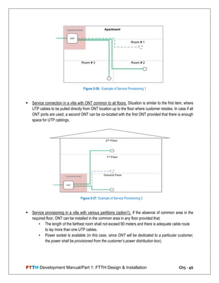 FTTH Development Manual/Part 1: FTTH Design & Installation Ch5 - 46
 Service connection in a villa with ONT common to all floors. Situation is similar to the first item, where
UTP cables to be pulled directly from ONT location up to the floor where customer resides. In case if all
ONT ports are used, a second ONT can be co-located with the first ONT provided that there is enough
space for UTP cablings.
 Service provisioning in a villa with various partitions (option1). If the absence of common area in the
required floor, ONT can be installed in the common area in any floor provided that;
• The length of the farthest room shall not exceed 90 meters and there is adequate cable route
to lay more than one UTP cables.
• Power socket is available (in this case, since ONT will be dedicated to a particular customer,
the power shall be provisioned from the customer’s power distribution box).
Figure 5-36: Example of Service Provisioning 1
Figure 5-37: Example of Service Provisioning 2
 