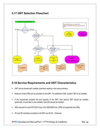 FTTH Development Manual/Part 1: FTTH Design & Installation Ch5 - 54
5.17 ONT Selection Flowchart
5.18 Service Requirements and ONT Characteristics
 ONT can be shared with multiple customers residing in the same premises.
 Maximum three STBs can be provided on one ONT. For additional STBs, another ONT to be installed.
 If the requirement exceeds the port capacity of the ONT, then second ONT should be installed
(preferred). If extra fiber is not available, then IAD should be installed.
 IADs required for extra POTs/CO lines or for ISDN-BRI lines. SPM not supported over IADs.
 FE and GE interfaces provided on all ONTs are RJ 45 – Electrical.
 