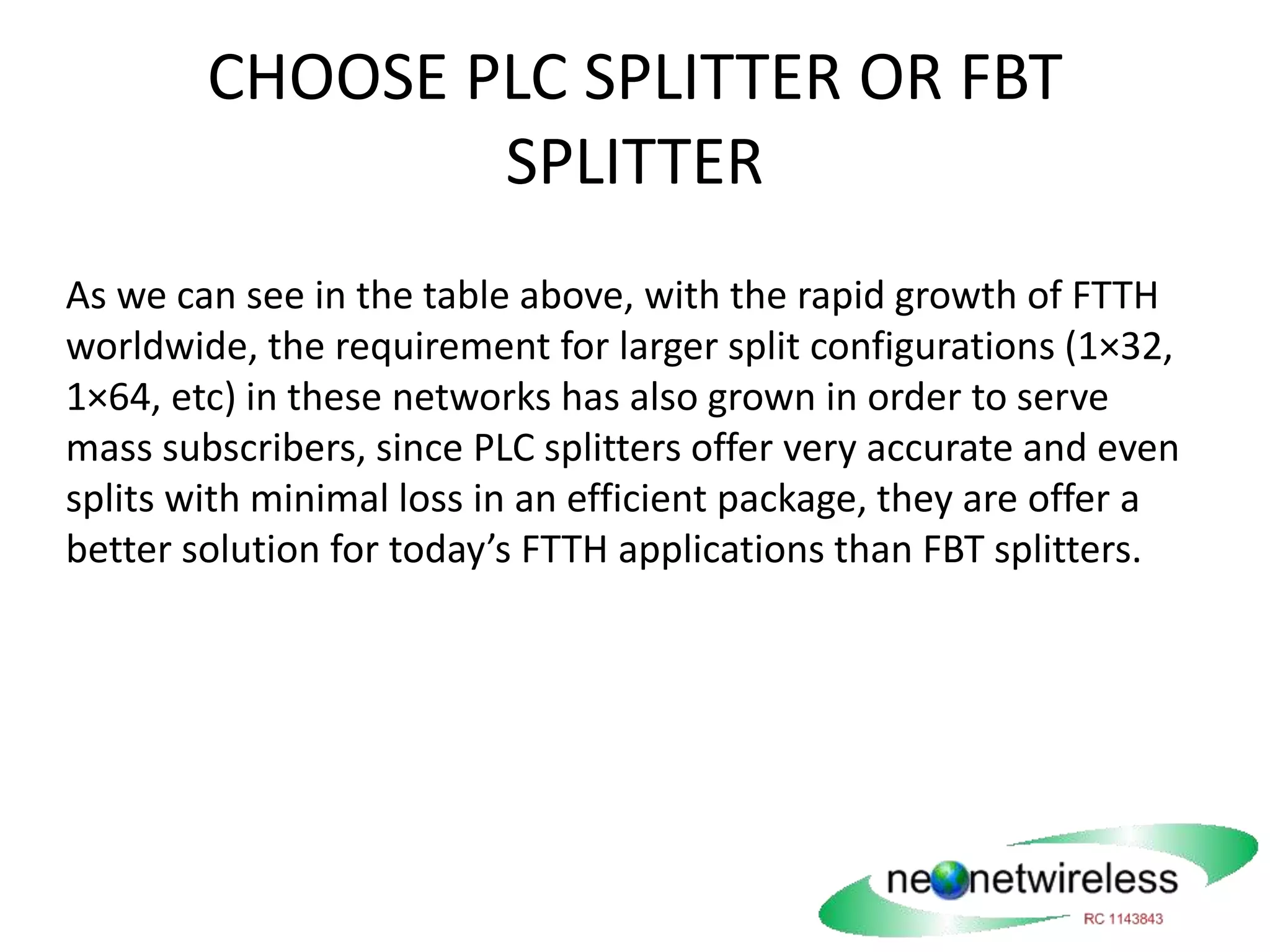 CHOOSE PLC SPLITTER OR FBT
SPLITTER
As we can see in the table above, with the rapid growth of FTTH
worldwide, the requirement for larger split configurations (1×32,
1×64, etc) in these networks has also grown in order to serve
mass subscribers, since PLC splitters offer very accurate and even
splits with minimal loss in an efficient package, they are offer a
better solution for today’s FTTH applications than FBT splitters.
 