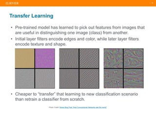 | 10
Transfer Learning
• Pre-trained model has learned to pick out features from images that
are useful in distinguishing ...