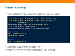 | 13
Transfer Learning
• Train a classifier (any classifier) using the image vectors.
• Accuracy: 0.36, Cohen’s Kappa: 0.5...