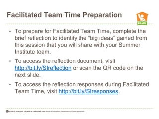 Facilitated Team Time Preparation
•  To prepare for Facilitated Team Time, complete the
brief reflection to identify the “big ideas” gained from
this session that you will share with your Summer
Institute team.
•  To access the reflection document, visit
http://bit.ly/SIreflection or scan the QR code on the
next slide.
•  To access the reflection responses during Facilitated
Team Time, visit http://bit.ly/SIresponses.
 