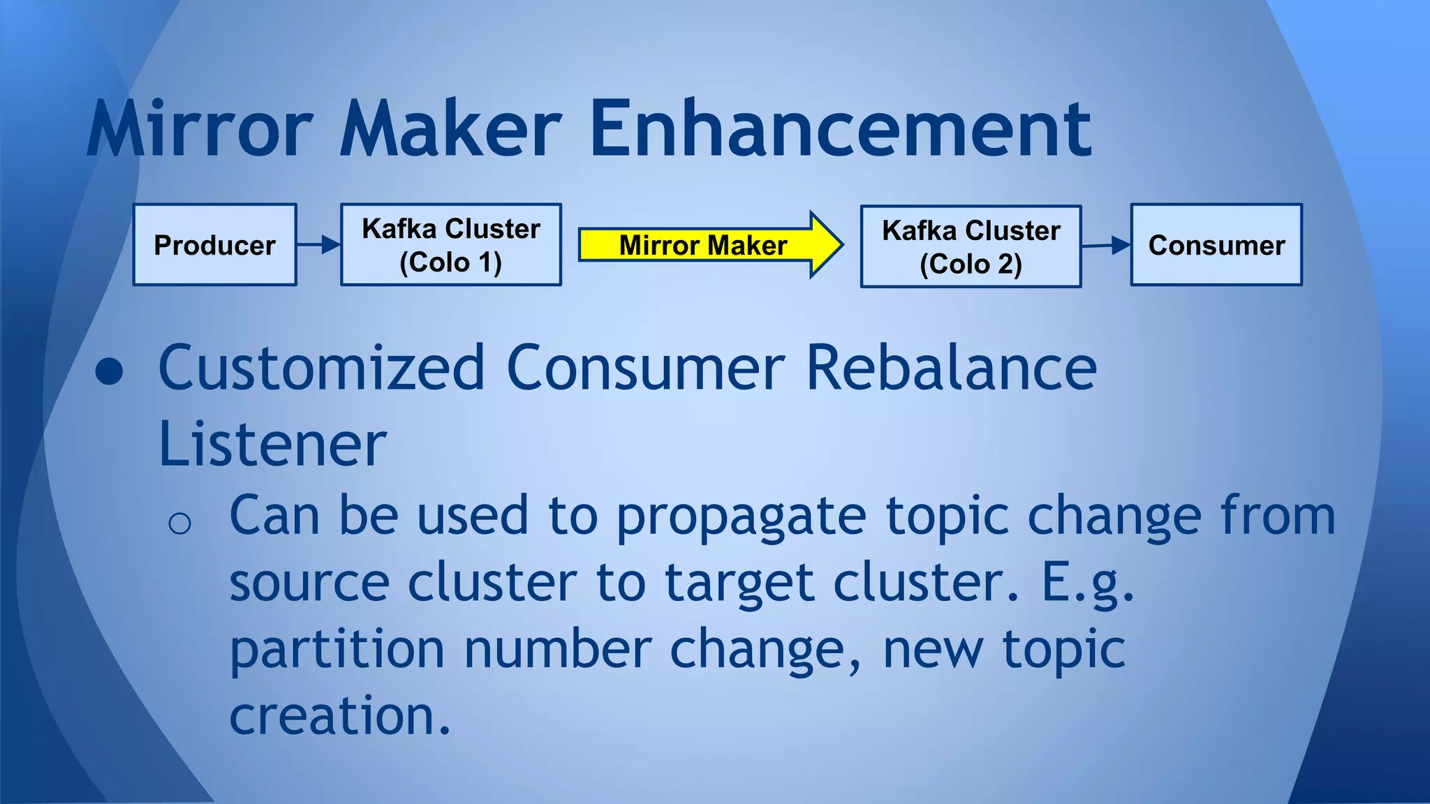 ● Customized Consumer Rebalance
Listener
o Can be used to propagate topic change from
source cluster to target cluster. E.g.
partition number change, new topic
creation.
Mirror Maker Enhancement
Kafka Cluster
(Colo 1)
Producer
Kafka Cluster
(Colo 2)
ConsumerMirror Maker
 