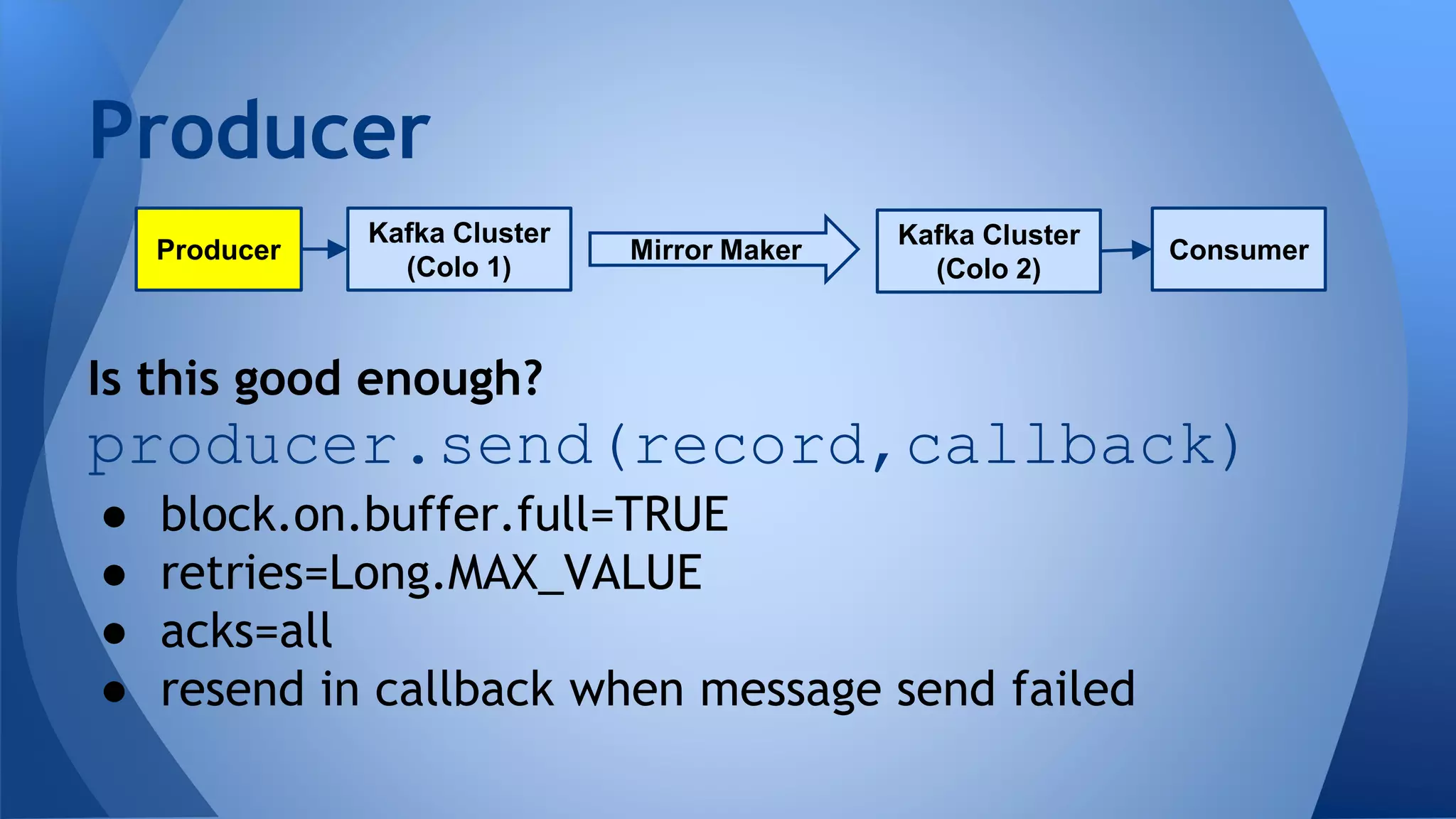Is this good enough?
producer.send(record,callback)
● block.on.buffer.full=TRUE
● retries=Long.MAX_VALUE
● acks=all
● resend in callback when message send failed
Producer
Kafka Cluster
(Colo 1)
Producer
Kafka Cluster
(Colo 2)
ConsumerMirror Maker
 