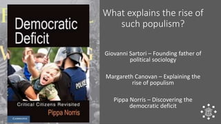 What explains the rise of
such populism?
Giovanni Sartori – Founding father of
political sociology
Margareth Canovan – Exp...