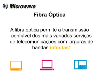 Fibra Óptica
A fibra óptica permite a transmissão
confiável dos mais variados serviços
de telecomunicações com larguras de
bandas infinitas*
 