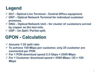 4
 OLT – Optical Line Terminal – Central Office equipment.
 ONT – Optical Network Terminal for individual customer
premises.
 ONU – Optical Network Unit – for cluster of customers served
by copper as the last mile.
 USP – Un Split / Partial split.
Legend
GPON - Calculation
 Assume 1:32 split ratio
 To achieve 100 Mbps per customer, only 25 customer are
connected per PON
 For 1 PON download speed 2.5 Gbps = 2500 Mbps
 For 1 Customer download speed = 2500 Mbps / 25 = 100
Mbps
 