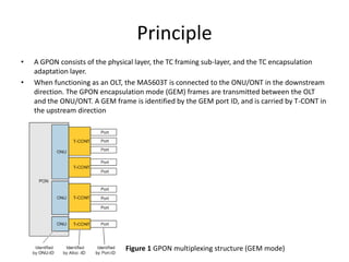 Principle
• A GPON consists of the physical layer, the TC framing sub-layer, and the TC encapsulation
adaptation layer.
• When functioning as an OLT, the MA5603T is connected to the ONU/ONT in the downstream
direction. The GPON encapsulation mode (GEM) frames are transmitted between the OLT
and the ONU/ONT. A GEM frame is identified by the GEM port ID, and is carried by T-CONT in
the upstream direction
Figure 1 GPON multiplexing structure (GEM mode)
 