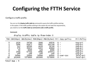 Configuring the FTTH Service
Configure a traffic profile.
You can run the display traffic table ip command to query the traffic profiles existing
in the system. If the traffic profiles existing in the system do not meet the requirements,
you need to run the traffic table ip command to add a traffic profile.
Command:
 