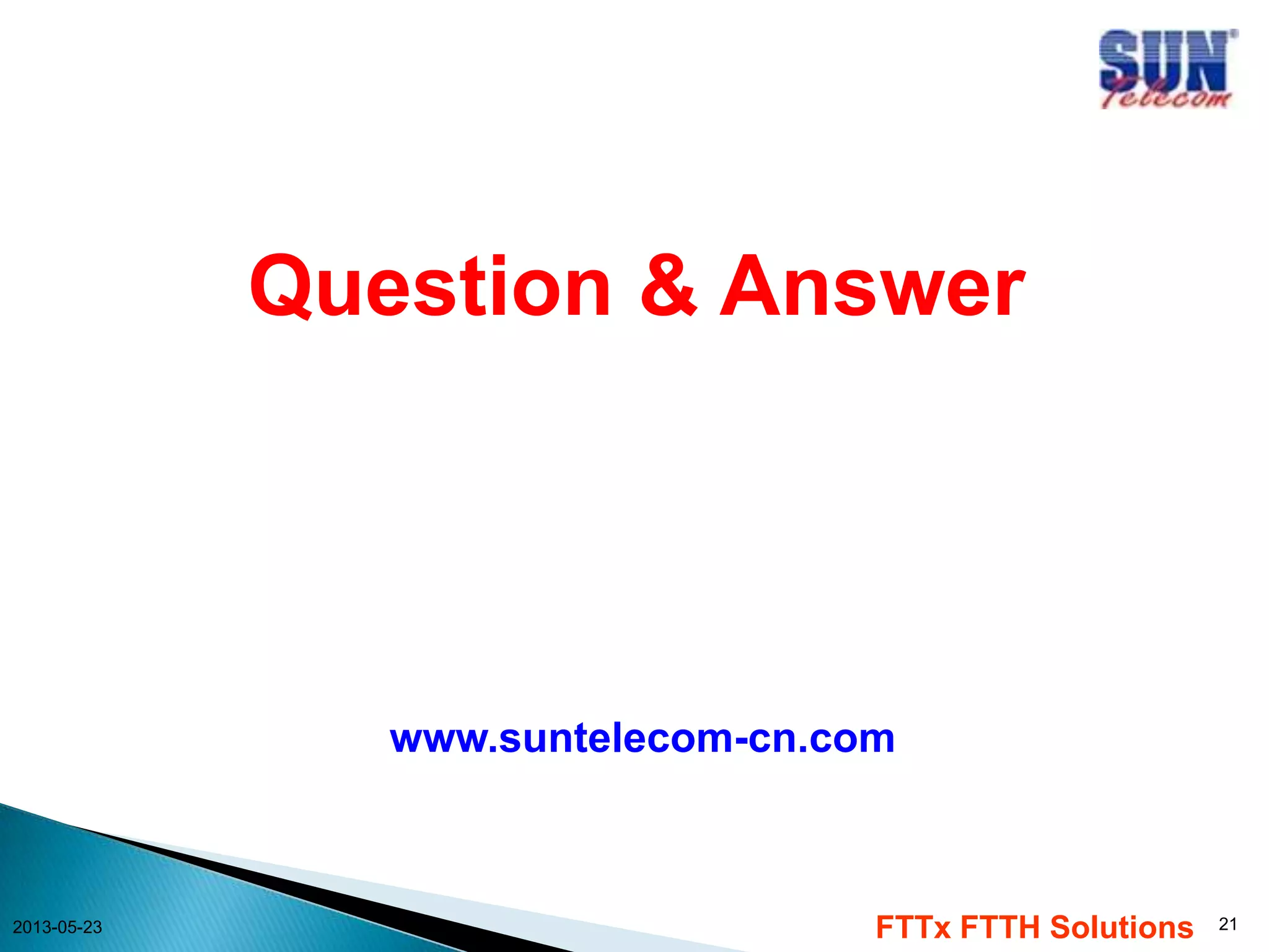 Question & Answer
www.suntelecom-cn.com
2013-05-23
FTTx FTTH Solutions
21