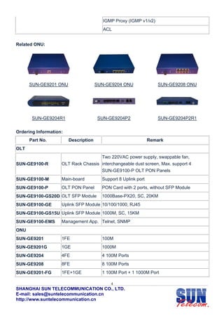 IGMP Proxy (IGMP v1/v2)
                                         ACL


Related ONU:




      SUN-GE9201 ONU                  SUN-GE9204 ONU                SUN-GE9208 ONU




       SUN-GE9204R1                    SUN-GE9204P2                 SUN-GE9204P2R1


Ordering Information:
      Part No.          Description                             Remark
OLT
                                     Two 220VAC power supply, swappable fan,
SUN-GE9100-R        OLT Rack Chassis interchangeable dust screen, Max. support 4
                                     SUN-GE9100-P OLT PON Panels
SUN-GE9100-M        Main-board          Support 8 Uplink port
SUN-GE9100-P        OLT PON Panel       PON Card with 2 ports, without SFP Module
SUN-GE9100-GS20D OLT SFP Module         1000Base-PX20, SC, 20KM
SUN-GE9100-GE       Uplink SFP Module 10/100/1000, RJ45
SUN-GE9100-GS15U Uplink SFP Module 1000M, SC, 15KM
SUN-GE9100-EMS      Management App. Telnet, SNMP
ONU
SUN-GE9201          1FE                 100M
SUN-GE9201G         1GE                 1000M
SUN-GE9204          4FE                 4 100M Ports
SUN-GE9208          8FE                 8 100M Ports
SUN-GE9201-FG       1FE+1GE             1 100M Port + 1 1000M Port

                                            4
SHANGHAI SUN TELECOMMUNICATION CO., LTD.
E-mail: sales@suntelecommunication.cn
http://www.suntelecommunication.cn
 
