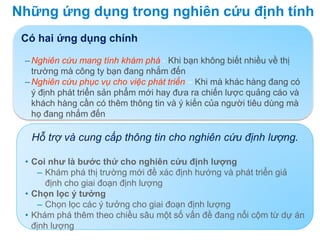 Những ứng dụng trong nghiên cứu định tính
Có hai ứng dụng chính
–Nghiên cứu mang tính khám phá - Khi bạn không biết nhiều về thị
trường mà công ty bạn đang nhắm đến
–Nghiên cứu phục vụ cho việc phát triển – Khi mà khác hàng đang có
ý định phát triển sản phẩm mới hay đưa ra chiến lược quảng cáo và
khách hàng cần có thêm thông tin và ý kiến của người tiêu dùng mà
họ đang nhắm đến
Hỗ trợ và cung cấp thông tin cho nghiên cứu định lượng.
• Coi như là bước thử cho nghiên cứu định lượng
– Khám phá thị trường mới đề xác định hướng và phát triển giả
định cho giai đoạn định lượng
• Chọn lọc ý tưởng
– Chọn lọc các ý tưởng cho giai đoạn định lượng
• Khám phá thêm theo chiều sâu một số vấn đề đang nổi cộm từ dự án
định lượng
 