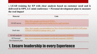LEAD training for EP with clear analysis based on customer need and is
delivered in OPS, LC-mini conference + Personal development plan to measure
the real impact
1.

Material

LEAD survey

Draft data

Link
https://docs.google.com/forms/d/1FQZI1G26IAF6eRdI3UUc8aUGrqXV6uSaUZg7Ly-eg8/viewform
https://docs.google.com/spreadsheet/ccc?key=0AiZczUSeW8AUdFRDV3VRYmttaz
FXSXJCVzJGQkI2cXc&usp=drive_web

LEAD analysis

http://www.myaiesec.net/content/viewfile.do?contentid=10289869

EP Personal
Development plan

http://www.myaiesec.net/content/viewfile.do?contentid=10289872

1. Ensure leadership in every Experience

 