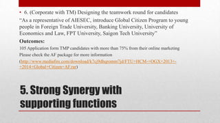 • 6. (Corporate with TM) Designing the teamwork round for candidates
“As a representative of AIESEC, introduce Global Citizen Program to young
people in Foreign Trade University, Banking University, University of
Economics and Law, FPT University, Saigon Tech University”
Outcomes:
105 Application form TMP candidates with more than 75% from their online marketing
Please check the AF package for more information
(http://www.mediafire.com/download/k7cj9dhqromm7jd/FTU+HCM-+OGX+2013++2014+Global+Citizen+AF.rar)

5. Strong Synergy with
supporting functions

 