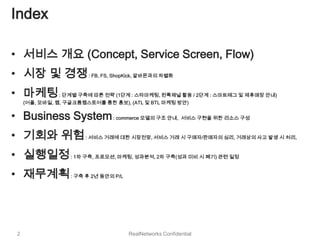 Index

• 서비스 개요 (Concept, Service Screen, Flow)
• 시장 및 경쟁 : FB, FS, ShopKick, 알바몬과의 차별화
• 마케팅 : 단계별 구축에 따른 전략 (1단계 : 스타마케팅, 펀톡채널 활용 / 2단계 : 스마트태그 및 제휴매장 안내)
     (어플, 모바일, 웹, 구글크롬웹스토어를 통한 홍보), (ATL 및 BTL 마케팅 방안)


• Business System : commerce 모델의 구조 안내, 서비스 구현을 위한 리소스 구성
• 기회와 위험 : 서비스 거래에 대한 시장전망, 서비스 거래 시 구매자/판매자의 심리, 거래상의 사고 발생 시 처리,
• 실행일정 : 1차 구축, 프로모션, 마케팅, 성과분석, 2차 구축(성과 미비 시 폐기) 관련 일정
• 재무계획 : 구축 후 2년 동안의 P/L



 2                                  RealNetworks Confidential
 