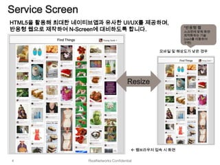 Service Screen
HTML5을 활용해 최대한 네이티브앱과 유사한 UI/UX를 제공하며,
                                                                      *반응형 웹
반응형 웹으로 제작하여 N-Screen에 대비하도록 합니다.                                     스크린에 맞춰 화면
                                                                      최적화하는 기술
           Find Things                                                (css3를 이용하여
                                                                      구현)

                                                          모바일 및 해상도가 낮은 경우

                                                                   Find Things




                                               Resize




                                                  웹브라우저 접속 시 화면

4                        RealNetworks Confidential
 