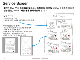 Service Screen
회원가입 시 FB의 프로필을 활용하여 등록하며, 프로필 생성 시 사용자가 가지고
있는 물건, 서비스 , 재능 등을 등록하도록 합니다.

■ 회원가입
- FB 계정으로 가입
- 프로필 사진, 이메일, 개인페이지 주소 연동


■ 회원관심사 등록
- Have, Want, Sell, Share 관련 정보 등록
- 등록 시 사진 등록 필수
- 등록 시 추가로 설명과 태그, 바코드 입력,
NFC 입력, GeoTag 입력 가능
- 등록 시 FB, TW 에 포스팅 지원




 5                               RealNetworks Confidential
 