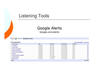 Listening Tools

         Google Alerts
          Google.com/alerts
 