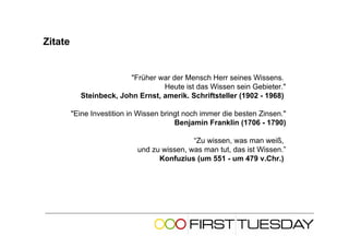 Zitate


                         "Früher war der Mensch Herr seines Wissens.
                                  Heute ist das Wissen sein Gebieter."
           Steinbeck, John Ernst, amerik. Schriftsteller (1902 - 1968)

         "Eine Investition in Wissen bringt noch immer die besten Zinsen."
                                         Benjamin Franklin (1706 - 1790)

                                             “Zu wissen, was man weiß,
                             und zu wissen, was man tut, das ist Wissen.”
                                   Konfuzius (um 551 - um 479 v.Chr.)
 