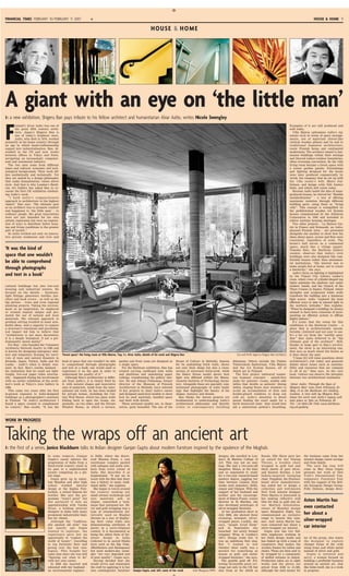 FINANCIAL TIMES FEBRUARY 10/FEBRUARY 11 2007                        ★                                                                                                                                                                                           HOUSE & HOME 9

                                                                                                                         HO USE & H OME




A giant with an eye on ‘the little man’
In a new exhibition, Shigeru Ban pays tribute to his fellow architect and humanitarian Alvar Aalto, writes Nicole Swengley


F
        inland’s Alvar Aalto was one of                                                                                                                                                                                                      Examples of it are still produced and
        the great 20th century archi-                                                                                                                                                                                                        sold today.
        tects. Japan’s Shigeru Ban is                                                                                                                                                                                                           Villa Mairea epitomises Aalto’s sig-
        one of today’s brightest stars.                                                                                                                                                                                                      nature style in terms of space arrange-
        Aalto, who died in 1976, worked                                                                                                                                                                                                      ments, use of materials (forest-like
primarily in his home country through                                                                                                                                                                                                        vertical wooden pillars) and its nod to
an age in which hand-craftsmanship                                                                                                                                                                                                           traditional Japanese architecture,
segued into industrialisation. Ban, 50,                                                                                                                                                                                                      rustic Finnish farms and continental
studied in the US and now works                                                                                                                                                                                                              modernism. The architect aimed to har-
between offices in Tokyo and Paris,                                                                                                                                                                                                          monise buildings within their settings
navigating an increasingly computer-                                                                                                                                                                                                         and blurred indoor-outdoor boundaries,
ised and automated industry.                                                                                                                                                                                                                 often reversing convention. So the villa
  The two men come from different                                                                                                                                                                                                            living room became a forest space with
times and cultural, economic and tech-                                                                                                                                                                                                       a corner garden gazebo. Furnishings
nological backgrounds. Their work dif-                                                                                                                                                                                                       and lighting designed for the house
fers aesthetically and technically. Yet                                                                                                                                                                                                      were later produced commercially by
they are united by a design philosophy                                                                                                                                                                                                       Artek, the company that he set up with
that ranks humanitarian values above                                                                                                                                                                                                         the villa owner’s wife, Maire Gul-
style. And that is why London’s Barbi-                                                                                                                                                                                                       lichsen, and design critic Nils Gustav
can Art Gallery has asked Ban to co-                                                                                                                                                                                                         Hahl, and which still exists today.
curate the first UK exhibition celebrat-                                                                                                                                                                                                        Because Aalto hated the idea of mass-
ing Aalto’s work.                                                                                                                                                                                                                            produced houses, he strived for “flexible
  “I hold Aalto’s compassionate                                                                                                                                                                                                              standardisation” – a way of offering
approach to architecture in the highest                                                                                                                                                                                                      maximum variation through different
regard,” Ban says. “His ultimate goal                                                                                                                                                                                                        building parts, using them as “living
as an architect was to promote comfort                                                                                                                                                                                                       cells”. This concept is exemplified by
and happiness to ‘the little man’ – to                                                                                                                                                                                                       the prefabricated wooden AA System
ordinary people. His great innovations                                                                                                                                                                                                       houses commissioned by the Ahlstrom
were not just intended for his own                                                                                                                                                                                                           Corporation in 1940 and intended to
artistic expression but were an explora-                                                                                                                                                                                                     relieve wartime housing shortages.
tion of ways to distribute better hous-                                                                                                                                                                                                         Two other projects – La Maison Car-
ing and living conditions to the greater                                                                                                                                                                                                     rée in France and Scinasoki, an Aalto-
part of society.”                                                                                                                                                                                                                            planned Finnish town – are presented
  So Aalto worked not only on innova-                                                                                                                                                                                                        alongside one another to show how his
tive private residences and civic and                                                                                                                                                                                                        ideas about space, access and flow were
                                                                                                                                                                                                                                             consistent, regardless of scale. The
                                                                                                                                                                                                                                             house’s hall serves as a communal
                                                                                                                                                                                                                                             space, much like a village square.
‘It was the kind of                                                                                                                                                                                                                          Tomoko Sato, the Barbican Gallery
                                                                                                                                                                                                                                             curator, observes that Aalto’s civic
space that one wouldn’t                                                                                                                                                                                                                      buildings were also designed like com-
                                                                                                                                                                                                                                             fortable houses rather than monumen-
be able to comprehend                                                                                                                                                                                                                        tal institutions. “His interest was to
                                                                                                                                                                                                                                             make people feel at home, not to create
through photographs                                                                                                                                                                                                                          a hierarchy,” she says.
                                                                                                                                                                                                                                                Aalto’s focus on lighting is highlighted
and text in a book’                                                                                                                                                                                                                          by his Viipuri City Library reader’s
                                                                                                                                                                                                                                             room, where rows of cylinder-shaped top
                                                                                                                                                                                                                                             lights minimise the shadows cast under
cultural buildings but also low-cost                                                                                                                                                                                                         readers’ hands, and the Church of the
housing and industrial estates. He                                                                                                                                                                                                           Three Crosses in Imatra, Finland, where
focused on the details – furniture,                                                                                                                                                                                                          skylights and sculptured white walls
light fittings, glassware, textiles, jew-                                                                                                                                                                                                    transform the building into a luminous
ellery and book covers – as well as the                                                                                                                                                                                                      light source. Aalto “explored the most
big picture – town and even regional                                                                                                                                                                                                         efficient ways to take in natural light in
planning projects. Taking the environ-                                                                                                                                                                                                       the northern latitudes,” Ban explains.
ment as an inspiration, he employed                                                                                                                                                                                                          “When he designed a building, he always
or created organic shapes and pro-                                                                                                                                                                                                           seemed to have been conscious of incor-
moted the use of natural and local                                                                                                                                                                                                           porating an efficient system to diffuse
materials. His rational approach to                                                                                                                                                                                                          [light] indoors.”
problem solving resulted in some won-                                                                                                                                                                                                           It’s ironic that the venue for this
derful ideas. And a capacity to explore                                                                                                                                                                                                      exhibition is the Barbican Centre – a
a structure’s emotional and psycholog-                                                                                                                                                                                                       place that is architecturally uncom-
ical impact led him to believe that                                                                                                                                                                                                          fortable, cluttered and not easy to use.
“architecture is not mere decoration;                                                                                                                                                                                                        It’s a far cry from the “earthly para-
it is a deeply biological, if not a pre-                                                                                                                                                                                                     dise” that Aalto believed to be “the
dominantly moral matter”.                                                                                                                                                                                                                    ultimate goal of the architect”. Still,
   For Ban – who founded the Volunteer                                                                                                                                                                                                       thanks in large part to Ban’s involve-
Architects Network charity in 1995 and                                                                                                                                                                                                       ment, the show is an interesting one,
is known for designing emergency shel-                                                                                                                                                                                                       that says as much about the future as
ters and temporary housing for survi-       ‘Forest space’: the living room at Villa Mairea. Top, l-r, Alvar Aalto, details of his work and Shigeru Ban                                      Eva and Perlti Ingervo/Shigeru Ban Architects   it does about the past.
vors of wars and natural disasters in                                                                                                                                                                                                           “I hope [it] will raise questions about
Rwanda, Japan, Turkey, India and Sri        kind of space that one wouldn’t be able          garden and front room are designed as             House of Culture in Helsinki, famous       dilemmas. Others include the Paimio                architecture’s role today and generate
Lanka – Aalto’s ethos is deeply reso-       to comprehend through photographs                a single space.                                   for its undulating brick walls, shows      Tuberculosis Sanitorium, Villa Mairea              debate about issues such as sustaina-
nant. In fact, Ban’s eureka moment –        and text in a book; one would need to              For the Barbican exhibition, Ban has            not only their shape but also a cross-     and the AA System houses, all of                   bility and resources that are common
his realisation that he could use light-    experience it on the spot in order to            created curving cardboard tube walls              section of structural brick-work, while    which are in Finland.                              to all of us,” Sato says. At the very
weight, low-cost paper tubes structur-      understand the quality of it.”                   and platforms and undulating paper                the Baker House model shows how              The first project embraced numer-                least, visitors can observe the interplay
ally – happened during his involvement         Although Ban’s architecture is differ-        ceilings, transforming the gallery inte-          light was diffused within the Massa-       ous humane concepts – splash-free                  between two architectural soulmates.
with an earlier exhibition of the archi-    ent from Aalto’s, it is clearly fired by         rior. He and Juhani Pallasmaa, former             chusetts Institute of Technology dormi-    sinks for patients’ rooms, mobile side
tect’s work at Tokyo’s Axis Gallery in      it, with natural shapes and innovative           director of the Museum of Finnish                 tory. Alongside these are specially com-   tables that double as patients’ dining             ‘Alvar Aalto: Through the Eyes of
1986.                                       uses of materials. Aside from the inter-         Architecture in Helsinki, have selected           missioned photographs of Aalto build-      tables, sloping floors near windows to             Shigeru Ban’ runs from February 22-
   This came two years after his first      national aid work, he has been lauded            15 key projects to chart Aalto’s career           ings that highlight the beauty of his      avoid an accumulation of dust and                  May 13 at the Barbican Art Gallery,
in-person exposure to Aalto-designed        for private homes, including the Cur-            and designed analytical models to show            shapes, textures and details.              double-glazed windows to keep out                  London. A rare talk by Shigeru Ban
buildings as a photographer’s assistant     tain Wall House, which has glass walls           how he used materials, handled space                 Ban thinks the chosen projects are      cold air. Aalto’s attention to detail              about his work and Aalto’s legacy will
in Finland. “In Aalto’s architecture I      folding back to open the rooms, ele-             and dealt with details.                           fundamental to understanding Aalto’s       meant finding the exact angle for a                take place at 7pm on February 20.
found a space created to complement         mentally, on two sides, and the Picture            These sectional models are, in them-            architectural philosophy and directly      birch bentwood chair that would best               Tel: +44 0845-120 7550; www.barbican.
its context,” Ban recalls. “It was the      Window House, in which a terrace,                selves, quite beautiful. The one of the           relate to contemporary building            aid a sanitorium patient’s breathing.              org.uk/gallery



WORK IN PROGRESS


Taking the wraps off an ancient art
In the first of a series, Janice Blackburn talks to Indian designer Gunjan Gupta about modern furniture inspired by the opulence of the Mughals
                                In some respects, Gunjan            to Delhi, where she discov-                                                                                designs, she enrolled in Lon-       Russia, Elle Décor gave her          the business came from her
                                Gupta’s career mirrors the          ered Sharma Farm, a vast                                                                                   don’s St Martins College of         an award for her Dining              interior design career savings
                                progression of India from a         warehouse complex packed                                                                                   Art. This was not an easy           Throne, a wooden chair               and from family.
                                third-world country stuck in        with antiques and exotic arte-                                                                             leap. She had a two-year-old        wrapped in gold leaf and               The next big step will
                                its past to a sophisticated         facts from every corner of                                                                                 daughter, Sitara, at the time       thick sheets of pure silver,         come in May when Gupta
                                society competing on a glo-         India. She describes it as                                                                                 and so negotiated to study          and Eastern Recline, a low           presents her work at New
                                bal stage.                          inspirational. “It put me in                                                                               for a two-year research-based       Indian-inspired lounging             York’s International Con-
                                   Gupta grew up in subur-          touch with the idea that there                                                                             masters degree, juggling her        chair. Pamploni, the Florence-       temporary Furniture Fair
                                ban Mumbai and after high           was a history to many tradi-                                                                               time between London (four           based silver manufacturer,           with the support of the Brit-
                                school      studied  interior       tional skills,” she explains.                                                                              weeks each semester), Delhi,        has asked her to design a            ish European Design Group.
                                design at the Sophia Poly-             She began to travel around                                                                              Jaipur and Udaipur. With the        collection and well-known            Polly Dickens, design direc-
                                technic, a school famous for        the country seeking out                                                                                    support of her husband and          New York interior designer
                                textiles. She says the pro-         small artisan workshops and                                                                                mother and the encourage-           Peter Marino is interested in
                                gramme “wasn’t great” but           rare materials and, in                                                                                     ment of Simon Fraser, course        her making reflective wall
                                she parlayed it into an             Jaipur, unearthed a tech-                                                                                  director at St Martins, she         tiles for him in gold and sil-       Aston Martin has
                                apprenticeship with Varsha          nique that intrigued her. Sil-                                                                             also developed prototypes of        ver. Maithili Ahluwaliea,
                                Desai, a leading interior           ver and gold wrapping was a                                                                                silver-wrapped furniture.           owner of Mumbai design               even contacted
                                designer in India with many         type of ornamentation his-                                                                                    At her graduation show in        space Bungalow Eight, has
                                prominent industrialist fami-       torically used on Mughal                                                                                   July 2006, she showed three         commissioned an exclusive            her about a
                                lies for clients.                   thrones as a way of display-                                                                               stunning, minimal, silver-          range to launch this sum-
                                   Although the “tradition-         ing their value while also                                                                                 wrapped pieces. Luckily, she        mer. And Aston Martin has            silver-wrapped
                                ally opulent old style” was         demonstrating attributes of                                                                                says, “people loved them”           even contacted her about a
                                not exactly one Gupta               purity in a socio-religious                                                                                and in September she                silver-wrapped car interior.         car interior
                                wanted to replicate, the            context. It is documented as                                                                               launched her newly formed              Gupta now has two full-
                                experience gave her an              being the oldest form of fur-                                                                              company Wrap at London’s            time employees working in
                                opportunity to “explore the         niture design in India                                                                                     100% Design trade fair. It          her Dehli design studio and          tor of the group, also wants
                                world of luxury”, travelling        (referred to in sacred Hindu                                                                               was an ambitious first step.        has linked up with a team of         the designer to explore
                                to top furniture fairs and          texts such as the Rig Veda,                                                                                But “I wanted to test               carpenters that makes the            cheaper forms of the craft
                                poring over the best cata-          Mhabhatara and Ramayana)                                                                                   whether there really was a          wooden frames for tables and         using brass and white metal
                                logues. This bought her             but most modern-day exam-                                                                                  market for something as             chairs. These are then sent to       instead of silver and gold.
                                some time since she was still       ples “are very degraded and                                                                                insane as gold- and metal-          be wrapped by a community               Gupta is talented and
                                “figuring out what to do”           of poor quality”, Gupta says.                                                                              wrapped furniture,” she says.       of skilled artisans in Jaipur.       savvy, a woman focused on
                                with her own career.                   Having decided that she                                                                                    The gamble paid off. Fol-        Production takes six to eight        building a profitable business
                                   In 2000 she married and          would revive and reinterpret                                                                               lowing favourable press cov-        weeks and the pieces are             around an ancient art. Just
                                relocated with her husband –        the craft by applying it to her                                                                            erage not only in the UK but        priced from £500 to £1,500,          like India itself, she is a work
                                an environmental engineer –         own contemporary furniture            Gunjan Gupta, and, left, some of her work        Amit Bhargava/WPN   also from as far afield as          although the seed money for          in progress.
 