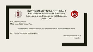 UNIVERSIDAD AUTÓNOMA DE TLAXCALA
Facultad de Ciencias de la Educación
Licenciatura en Ciencias de la Educación
plan 2018
U. A. Teoría curricular
Mtra. Anna Rocío Tejeda Páez
Metodología del diseño curricular por competencias de la doctora Mirian Ponce
Est. Fatima Guadalupe Sánchez Pérez
Periodo primavera 2020
Grupo 210
 