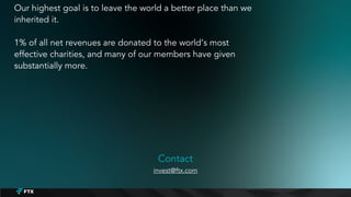 Contact
invest@ftx.com
Our highest goal is to leave the world a better place than we
inherited it.
1% of all net revenues are donated to the world’s most
effective charities, and many of our members have given
substantially more.
 
