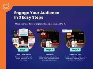 Engage Your Audience
In 3 Easy Steps
Make changes to your digital ads and menus on the fly.
Step 1 Step 2 Step 3
Select A Template:
Start by browsing through
design templates on the
home page.
Customize:
Add your logo and text, change
colors, fonts, or pictures, adjust
dimensions, and more.
Ready For Use:
Save to your device or schedule to
your digital signage, uplifts, or
social media platforms.
 
