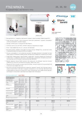 • Внутренний блок - обладатель престижной награды в области дизайна Reddot design 2013.
• Одна система сочетает в себе уникальные технологии увлажнения, осушения, вентиляции,
очистки, охлаждения и нагрева воздуха.
• Первый тепловой насос на хладагенте R32 в Европе.
• Тепловые насосы получают 80% тепловой энергии из окружающего воздуха
• Класс энергоэффективности A+++ для всех типоразмеров.
• Высокий уровень комфорта благодаря 3-зонному датчику Intelligent Eye, улучшенной схеме
воздухораспределения и дружелюбному интерфейсу.
• Исчезла необходимость в чистке фильтров вручную: благодаря уникальной конструкции системы
сбора пыли вся скопившаяся на фильтре грязь автоматически собирается в специальный контейнер.
• Управление кондиционером через Интернет-соединение с помощью смартфонов, планшетных
компьютеров с поддержкой недельного планировщика и подгрузкой метеоданных (дополни-
тельно должен быть установлен онлайн-контроллер KKRP01A).
• Дизайн наружных блоков Daikin выполнен без излишеств, они обладают высокой степенью
надежности и могут быть установлены на крыше, террасе или стене.
• Наружные блоки оснащены компрессором типа Swing, который отличается бесшумной работой
и высокой энергоэффективностью.
• Наличие в блоке двух воздухозаборных отверстий в верхней и нижней части устраняет пересе-
чение потоков теплого и холодного воздуха в помещении за счет конвекции. Дополнительное
воздухозаборное отверстие в нижней части блока обеспечивает более эффективную циркуля-
цию воздуха в помещении и равномерное распределение температуры.
Обычный кондиционер Новая модель
Теплообменник
Теплообменник
18
FTXZ25N
RXZ25,35N
ARC477A1
в комплекте
ОХЛАЖДЕНИЕ / НАГРЕВ
НАРУЖНЫЙ БЛОК RXZ25N RXZ35N RXZ50N
Размеры (ВхШхГ) мм 693х795х300
Вес кг 50
Уровень звукового давления Охлаждение Макс. / мин. дБА 46 48 49
Нагрев Макс. / мин. дБА 46 48 50
Диапазон
рабочих температур
Охлаждение от~до °C, сух. терм. -10~43
Нагрев от~до °C, вл. терм. -20~18
Хладагент R32
Электропитание (VМ) B 1~, 220-240 В, 50 Гц
ВНУТРЕННИЙ БЛОК FTXZ25N FTXZ35N FTXZ50N
Холодопроизводительность Мин.~ ном.~макс. кВт 0.6~2.5~3.9 0.6~3.5~5.3 0.6~5.0~5.8
Теплопроизводительность Мин.~ ном.~макс. кВт 0.6~3.6~7.5 0.6~5.0~9.0 0.6~6.3~9.4
Мощность, потребляемая
системой
Охлаждение Мин.~ ном.~макс. кВт 0.11~0.41~0.88 0.11~0.66~1.33 0.11~1.10~1.60
Нагрев Мин.~ ном.~макс. кВт 0.10~0.62~2.01 0.10~1.00~2.53 0.10~1.41~2.64
Сезонная
энергоэффективность
Коэффициент SEER (охлаждение) / Класс 9.54 / A+++ 9.00 / A+++ 8.60 / A+++
Коэффициент SCOP (нагрев) / Класс 5.90 / A+++ 5.73 / A+++ 5.50 / A+++
При нагрузке (охлаждение./нагрев) кВт 2.5 / 3.5 3.5 / 4.5 5.0 / 5.6
Годовое энергопотребление (охл./нагр.) кВт.ч 92 / 831 136 / 1100 203 / 1427
Расход воздуха Охлаждение Макс./мин./тихий м3
/мин 10.7 / 5.3 / 4.0 12.1 / 5.6 / 4.0 15.0 / 6.6 / 4.6
Нагрев Макс./мин./тихий м3
/мин 11.7 / 6.7 / 4.8 13.3 / 6.9 / 4.8 14.4 / 7.7 / 5.9
Уровень звукового давления Охлаждение Макс./мин./тихий дБА 38 / 26 / 19 42 / 27 / 19 47 / 30 / 23
Нагрев Макс./мин./тихий дБА 39 / 28 / 19 42 / 29 / 19 44 / 31 / 24
Трубопровод хладагента Макс. длина / перепад высот м 10 / 8
Диаметр труб Жидкость / газ мм 6.4 / 9.5 6.4 / 9.5 6.4 / 9.5
Габариты (ВхШхГ) мм 295x798x372
Вес кг 15
Для помещения площадью (ориентировочно) м2
25 35 50
FTXZ-N/RXZ-N
Кондиционеры настенного типа
25, 35, 50 NEW
 