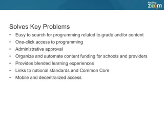 Solves Key Problems
• Easy to search for programming related to grade and/or content
• One-click access to programming
• Administrative approval
• Organize and automate content funding for schools and providers
• Provides blended learning experiences
• Links to national standards and Common Core
• Mobile and decentralized access
 
