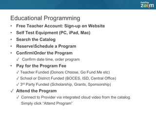Educational Programming
• Free Teacher Account: Sign-up on Website
• Self Test Equipment (PC, iPad, Mac)
• Search the Catalog
• ReserveSchedule a Program
• ConfirmOrder the Program
✓ Confirm date time, order program
• Pay for the Program Fee
✓ Teacher Funded (Donors Choose, Go Fund Me etc)
✓ School or District Funded (BOCES, ISD, Central Office)
✓ 3rd Party Funded (Scholarship, Grants, Sponsorship)
✓ Attend the Program
✓ Connect to Provider via integrated cloud video from the catalog.
Simply click “Attend Program”
 