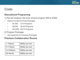 Costs
Educational Programing
1) Pay per program (list price of each program $50 to $300)
• District Funded Pre-Paid Packages
• $1,000 5-10 Programs
• $5,000 30-40 Programs
• $10,000 60-70 Programs
2) Program Packages
• See Appendix for Example Packages
Premium Collaboration Rooms
1- 4 Rooms $600/yr per room
5-11 Rooms $400/yr per room
12-19 Rooms $360/yr per room
20+ Rooms $280/yr per room
 