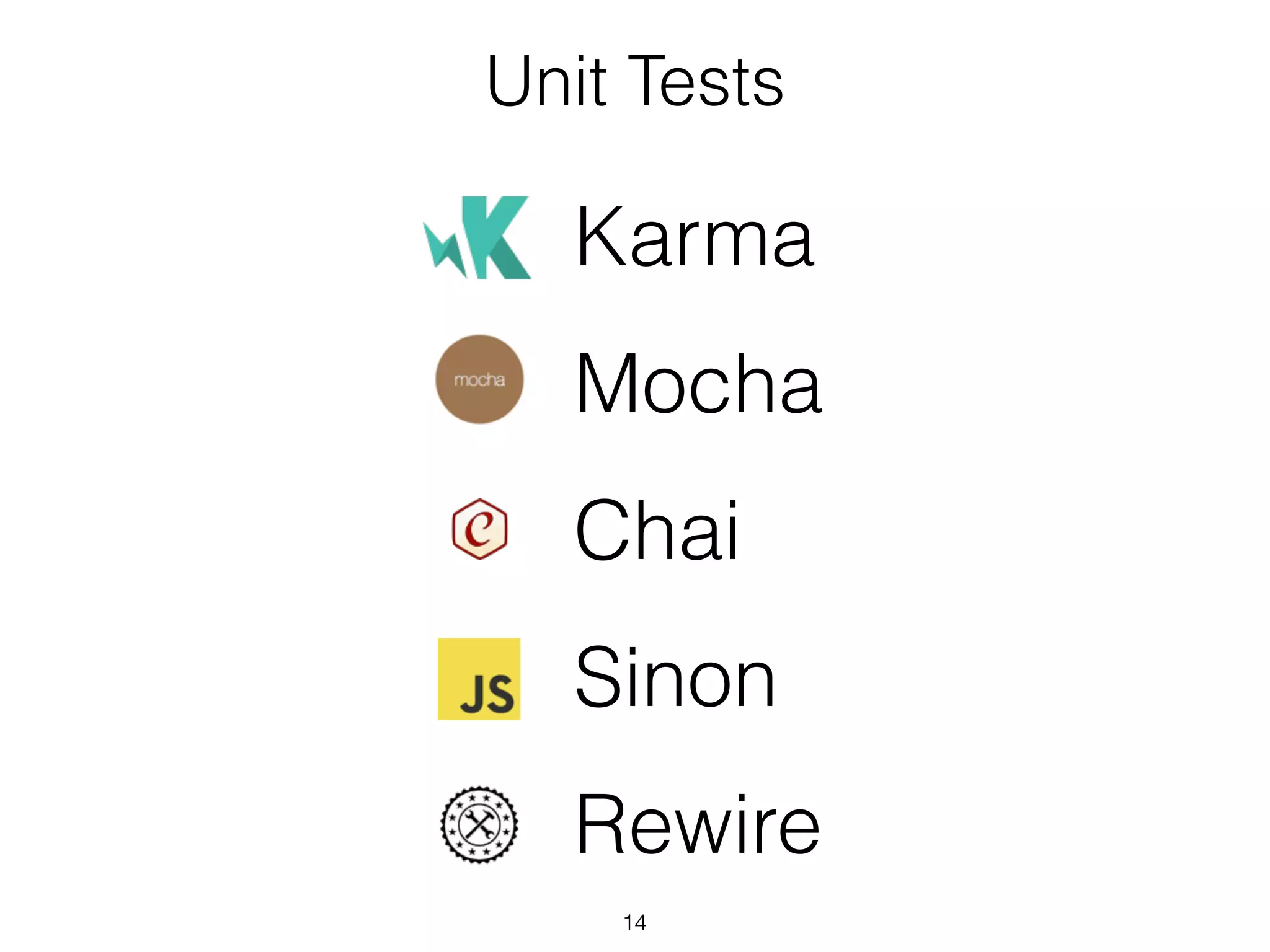 Unit Tests
14
Karma
Mocha
Chai
Sinon
Rewire
Jest
 