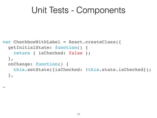 17
Components
Services
Actions
Stores
Unit Tests
 