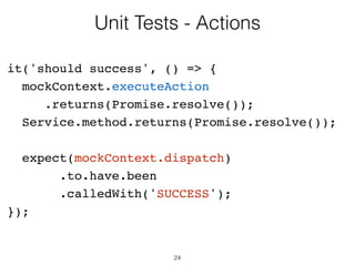 24
Unit Tests - Components
// Simulate a click and verify that it is now On
var input = TestUtils
.findRenderedDOMComponentWithTag(checkbox,’input’);
TestUtils.Simulate.change(input);
expect(label.getDOMNode().textContent)
.toEqual('On');
 